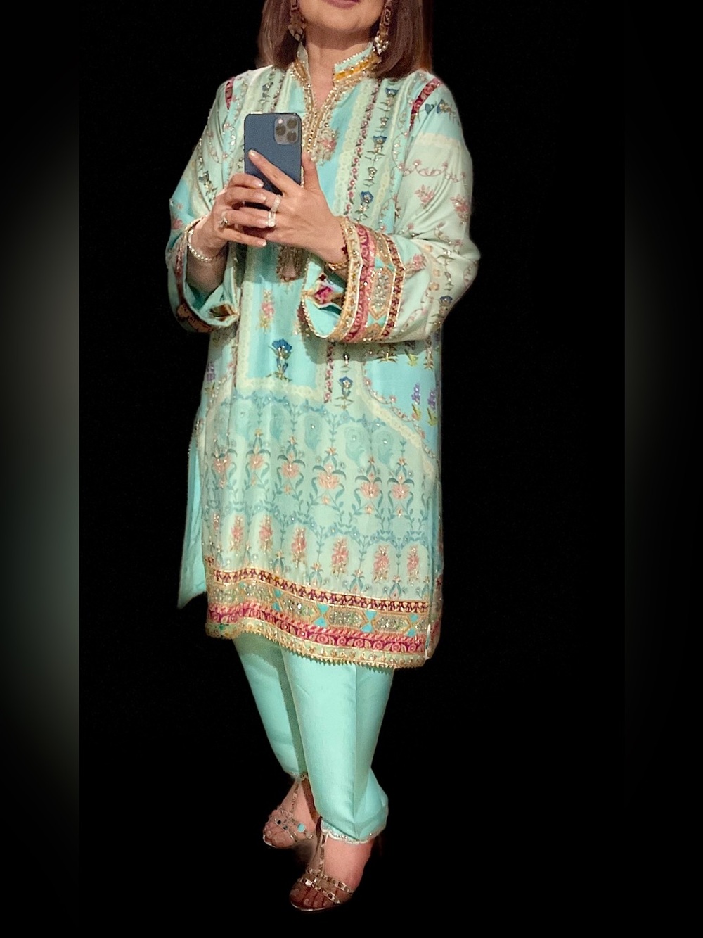 Women's Long Sleeve Mint Printed Kurta Dress